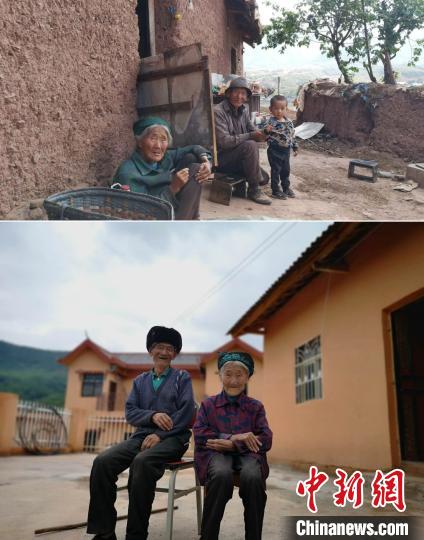 上圖為甲甲溝村村民羅木你坡夫婦所住的舊房，下圖為夫婦倆遷入的新居。(拼版圖) 張浪 攝